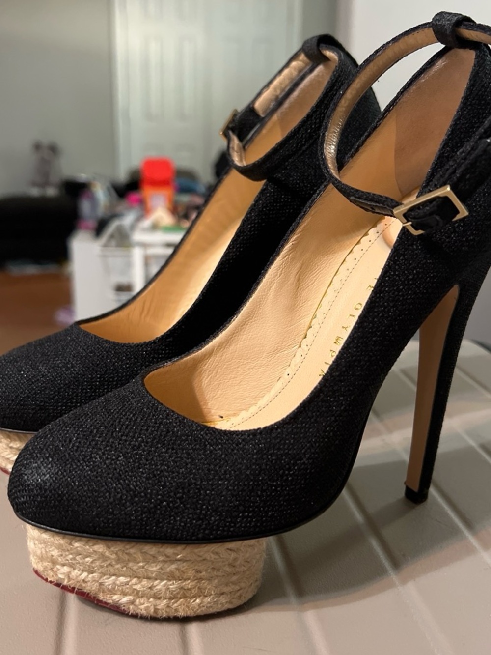 Charlotte Olympia Black Espadrille Platform Ankle-Strap Pumps